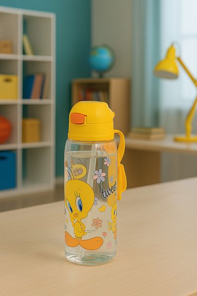 Alper Banyo Tweety Patterned Mono Children's Water Bottle with Straw - 500 ml Leakproof Water Bottle with Locking Lid (726-52)