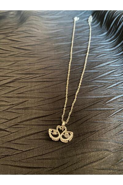 Butik Çelik Silver İkili Kuğu Zirkon Taşlı Kolye