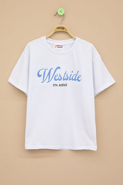 Cansın Mini تي شيرت بناتي برقبة دائرية وطبعة منقوشة من Ecru West Side 20976