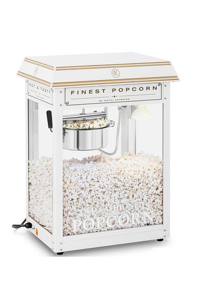 Royal Catering Maszyna automat urządzenie do prażenia popcornu retro TEFLON 1600 W 5-6 kg/h - biało-złota