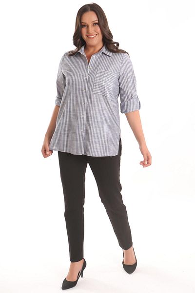Metpoint Ριγέ πουκάμισο Trend42plus Plus Size Navy Blue Pocket Stone με στάμπα