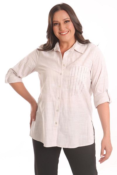 Metpoint Ριγέ πουκάμισο Trend42plus Plus Size Beige Pocket Stone με στάμπα