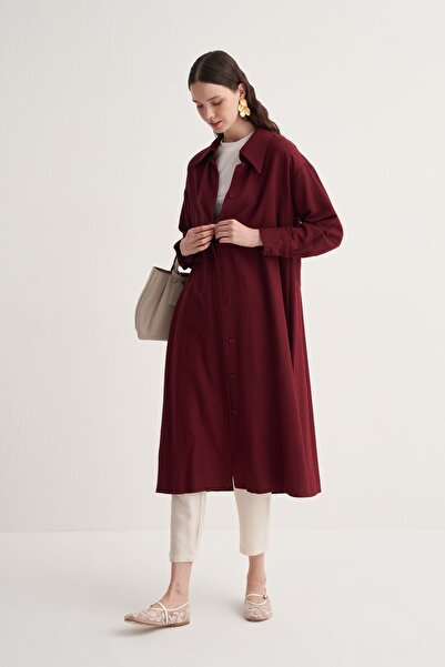 EBU Prive Kadın Cupra Dökümlü Pamuklu Oversize Uzun Gömlek Elbise Bordo