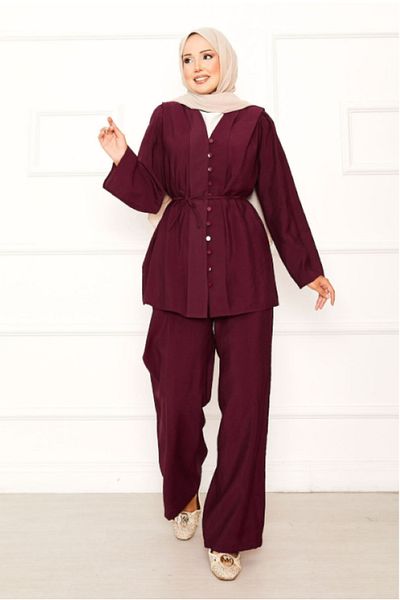 BELLUNI COLLECTION Birt Buttoned Mobile Belted Double Suit Claret Red
