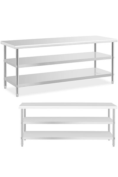 Royal Catering Stół do kuchni z 2 półkami stalowy nierdzewny 200 x 70cm