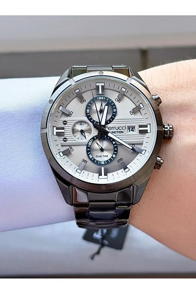 Ferrucci Men's Wristwatch |   Dual Time & 24 Hour Sub Dial |   Gray Dial with Calendar |   Metal Cord