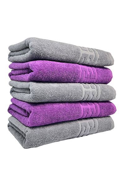 Plush Set 5 Towels, Grey, Purple 100% Cotton 550gsm, 70x140cm