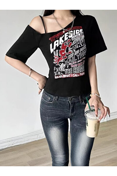 DEEFWEAR بلوزة سوداء بأكتاف مكشوفة من Lakeside Y2K بأكمام قصيرة