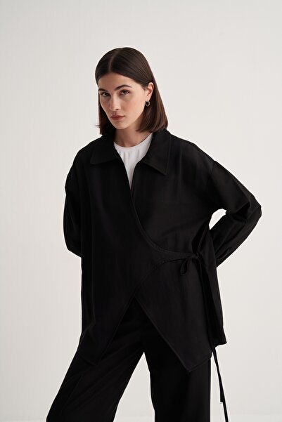 EBU Prive Women's Cupra Draped Cotton Collar Kimono Black