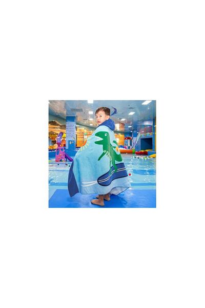 zzz sleep good sleeping !!! Prosop de baie poncho pentru copii, culoare albastră, design verde cu dinozauri surfer, 120 x 60 cm