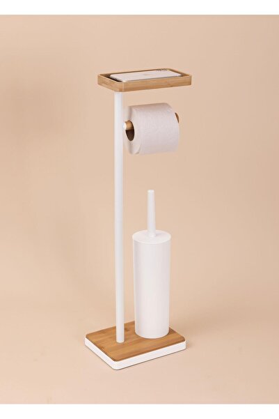 Bambu Tepsili ve Fırçalı Tuvalet Kağıdı Standı Beyaz GLV0760