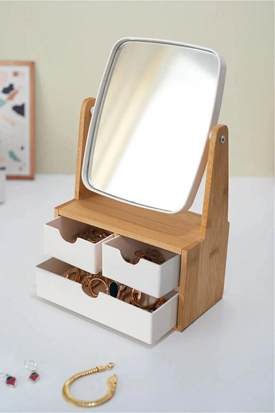 intoku Bamboo 3 Drawer Mirrored Makeup Organizer Mirror