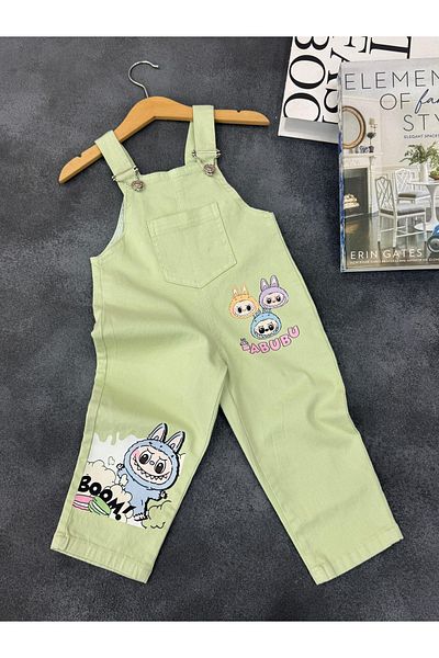 Mişsa Bebe Cute Printed Unisex Strap Salopet - Green Cotton Labubu Patterned 3-6 Years