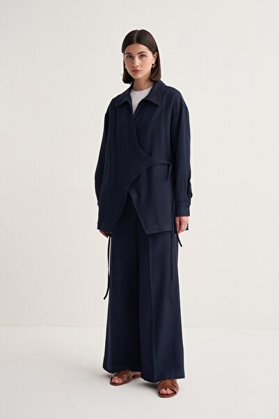 EBU Prive Women's Cupra Draped Cotton Collar Kimono Navy Blue