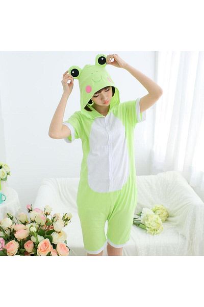 zzz sleep good sleeping !!! Short jumpsuit pajamas, frog pattern, green color KIGURUMI