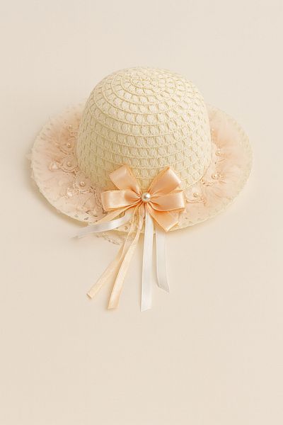 ESİLA KİDS Girls' Hat Pink Bow Summer Straw Hat with Pearl and Bead Decoration 3-8 Years Old