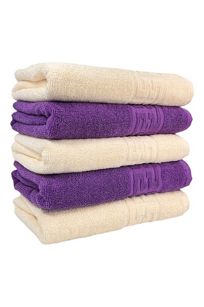Plush Set 5 Towels, Cream, Purple, 70x140cm, 100% Cotton 550GR