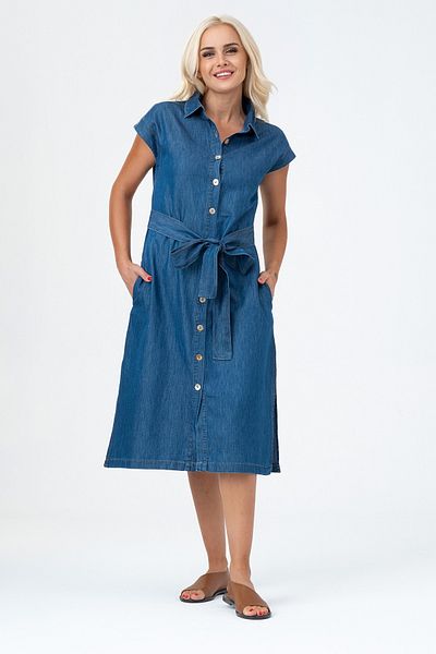 Bold & Young Women's Slit Pocket Sleeveless Belted Cotton Shirt Dress