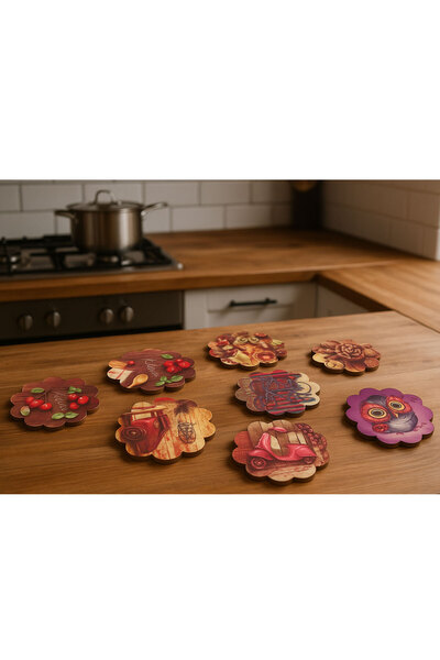 SİHİRLİ AYAKLAR طقم طبق تقديم خشبي منقوش ملون، طقم طبق تقديم إبريق شاي، طقم مكون من قطعتين