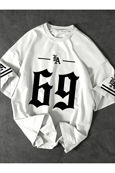 LAND MODA Футболка для чоловіків з графікою LA та принтом «69» — бежева Футболка в стилі стрітстайл, вільного крою, для літа