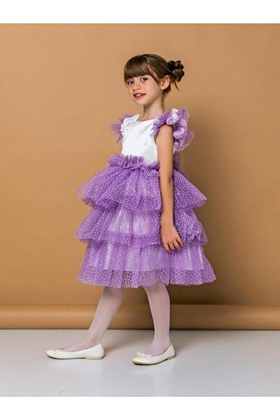 Daisy Puantiye Tül Detaylı Kat Kat Kız Çocuk Abiye Elbise