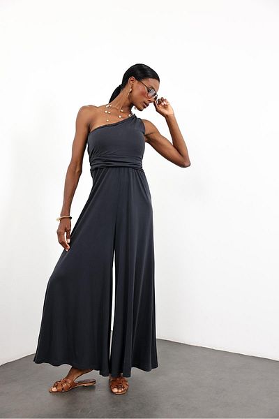 5in1Canpolat Anthracite Hair Braided Single Sleeve Jumpsuit 17437