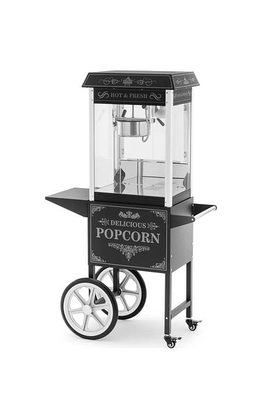 Royal Catering Profesjonalna maszyna do popcornu na wózku z oświetleniem RETRO 88 l 1600 W czarna