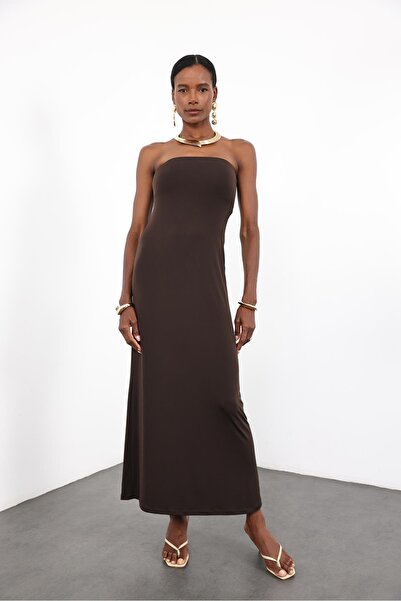 5in1Canpolat Bitter Brown Strapless Bodycon Dress