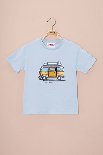 Cansın Mini Tricou pentru băiat cu decolteu cu imprimeu albastru cu detaliu de broderie 20959
