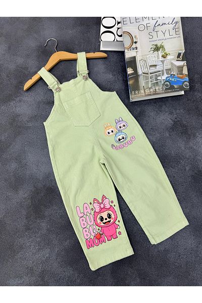 Mişsa Bebe Cute Printed Unisex Strap Salopet - Green Cotton Labubu Patterned 3-6 Years