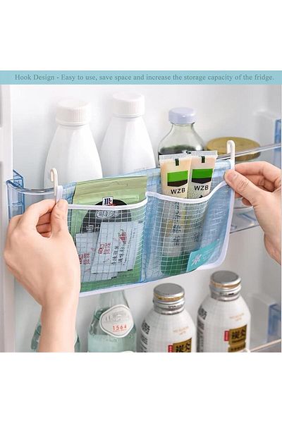 COOYA Refrigerator Hanging Mesh Bag, See-Through Washable, For Home Kitchen, Pack of 2 (Blue and White)