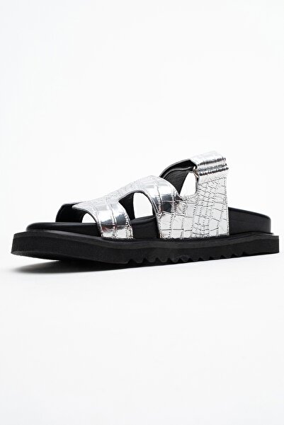LuviShoes LOANA Gümüş Baskı Hakiki Deri Kadın Terlik
