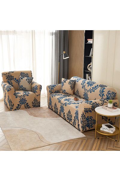 trendyhome Husă elastică cu brațe, canapea cu 3 locuri, UNI, crem/albastru, J12280