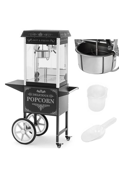 Royal Catering Profesjonalna maszyna do popcornu na wózku z oświetleniem RETRO 88 l 1600 W czarna