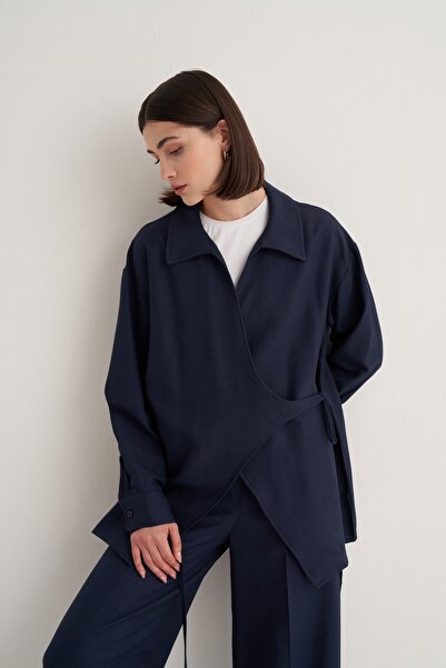 EBU Prive Women's Cupra Draped Cotton Collar Kimono Navy Blue