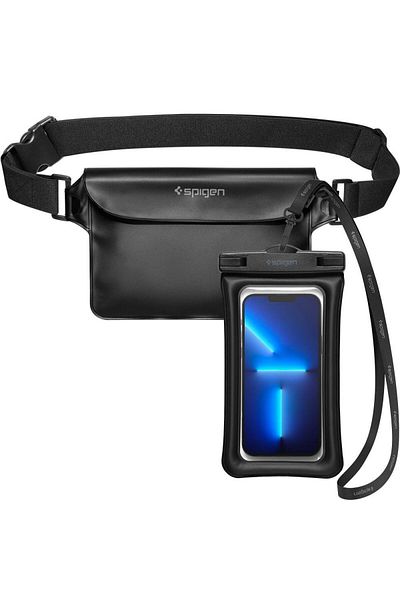 Spigen 2w1 Zestaw wodoodporny saszetka nerka 22x15cm + etui na telefon czarny