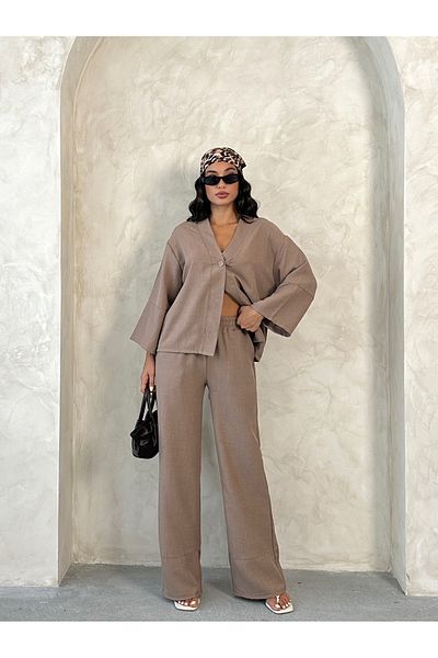 onlymoon tekstil Women's Wear Brown Color Oversize Linen Set-2 Piece Set