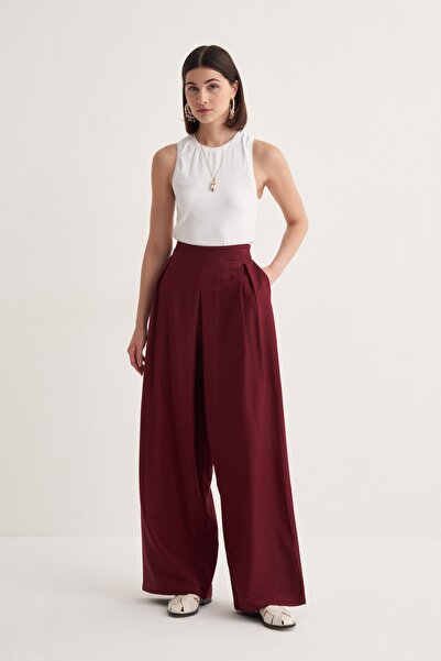EBU Prive Women's Cupra Draped Cotton Pleated Skirt Trousers Burgundy