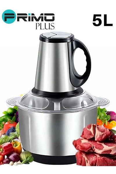 Primo Plus Electric Meat Grinder, Food Processor with 5L Stainless Steel Bowl, Vegetable and Fruit Chopper, Sil