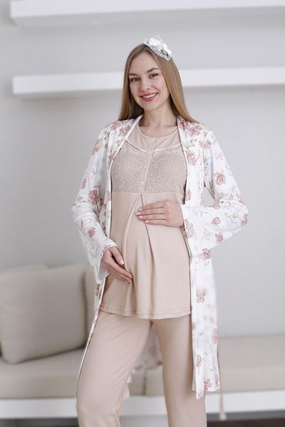 Lohussa Women's Mink Special Design Patterned Buttoned Lace Maternity Maternity Dressing Gown Pajama Set Set of 3