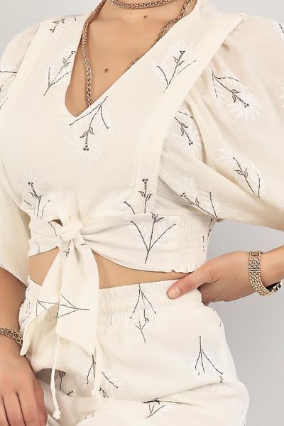 My Blog Ecru - Brown Embroidery Print Detailed Linen Suit - 8013