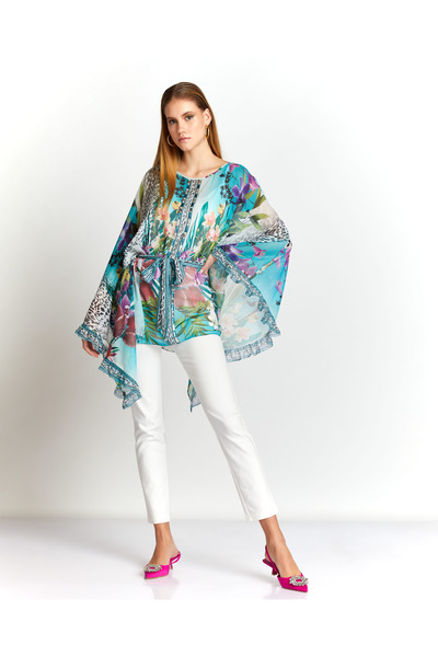 SERPİL Kadın Desenli Kemerli Şifon Pareo – Geniş Kollu ve Akışkan Hafif Tasarım