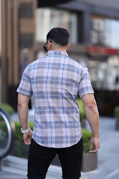 Klothy Чоловіча коротка сорочка з коротким рукавом, облягаючого крою, з картатою клітинкою, з льону 2476