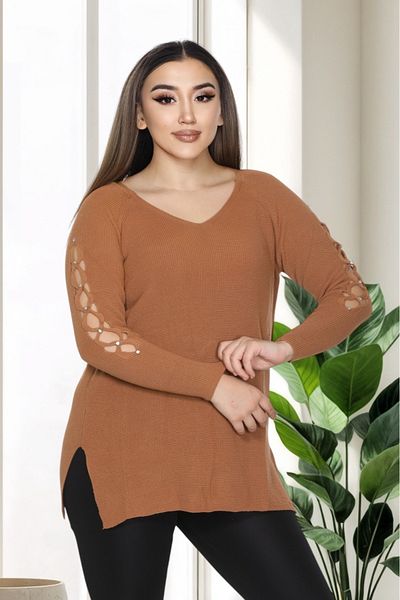 LocaMz Blue V-Neck Sleeve Detailed Knitted Sweater with Stones