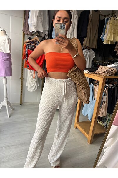 Butik Beli lastikli beyaz plaj pantolonu