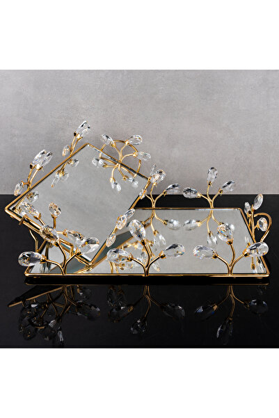 Hinora Damla Taşlı Aynalı Dikdörtgen İkili Şık Tepsi Seti