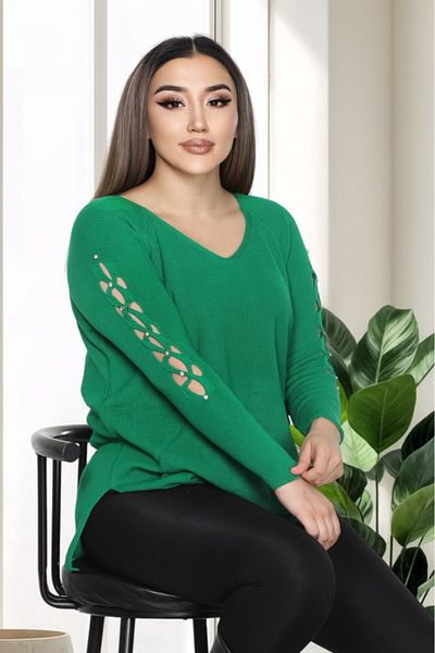 LocaMz Blue V-Neck Sleeve Detailed Knitted Sweater with Stones
