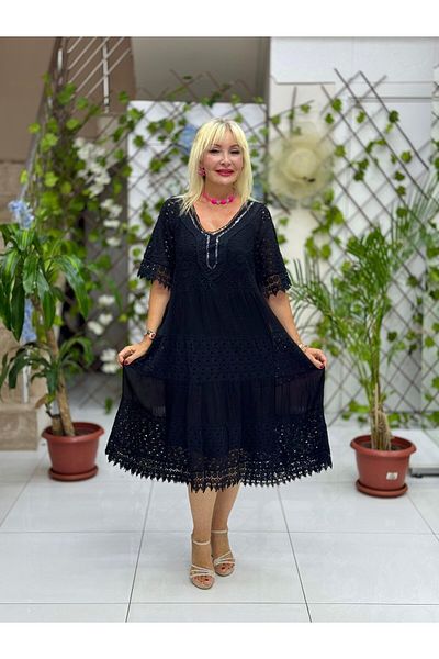 Punta Otantik Nc10938 Italian Sequin Half Sleeve Midi Silk Dress Black