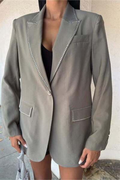 RICHMOST Viscose Women's Blazer Jacket Khaki with Stone Detail and Double Breasted Collar