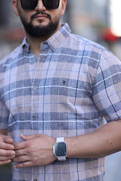 Klothy Чоловіча коротка сорочка з коротким рукавом, облягаючого крою, з картатою клітинкою, з льону 2476